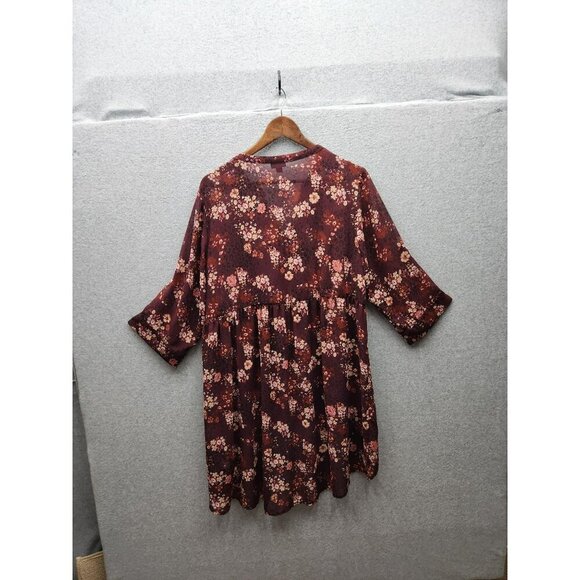 Torrid 2x Shear Floral Burgundy Button-Down Babydoll Tunic Blouse 3/4 Sleeves 10 - Picture 4 of 8
